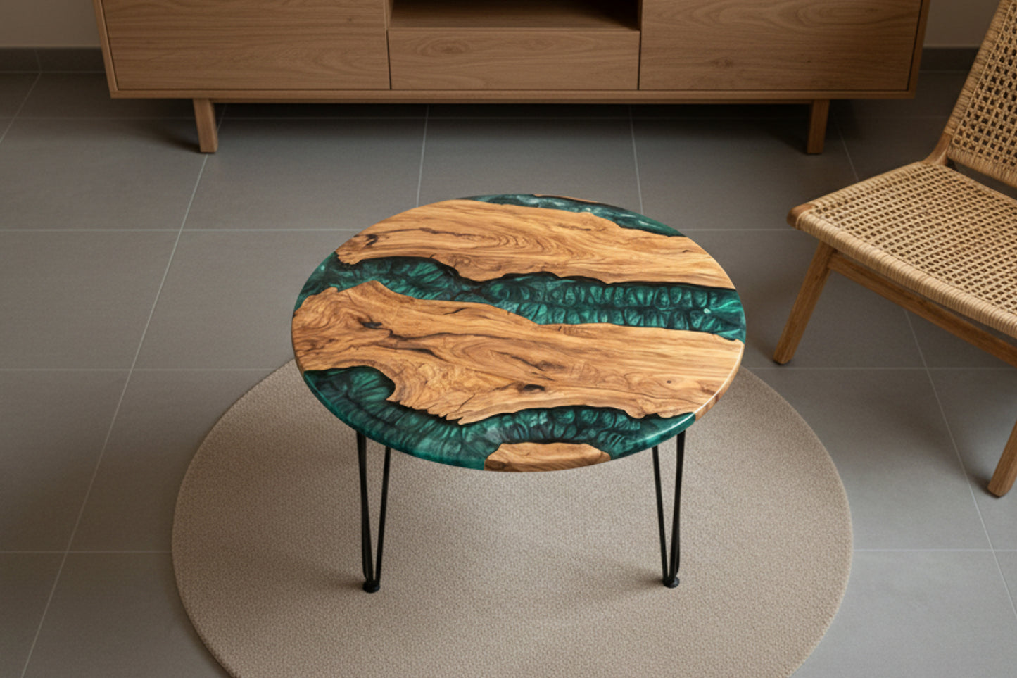 Mesa de Centro Redonda en Madera de Olivo Centenaria y Resina Epoxi