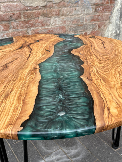 Mesa de Centro Redonda en Madera de Olivo Centenaria y Resina Epoxi