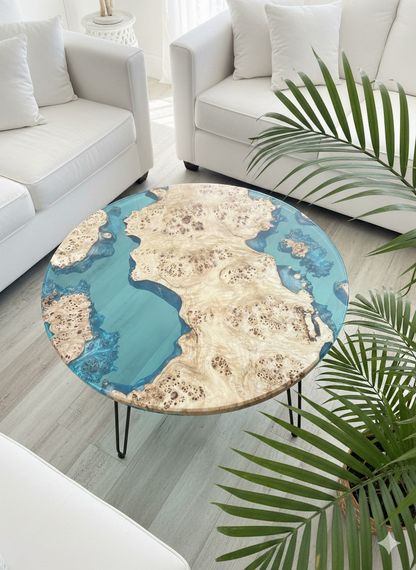 Mesa de Centro Personalizable Hecha a Mano en Madera de Álamo y Resina Epoxi Transparente