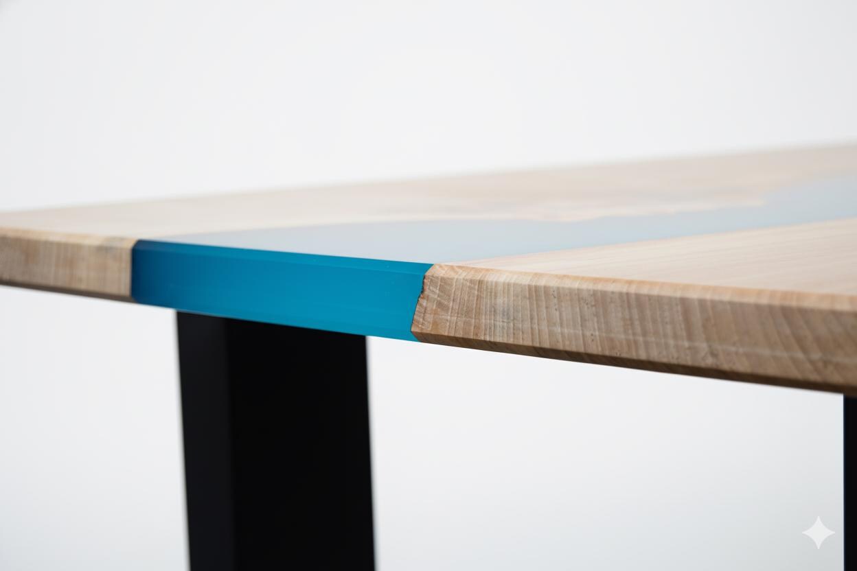 Mesa de centro rectangular de álamo con río de resina azul
