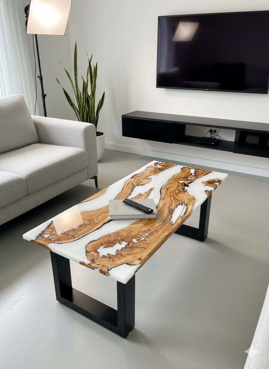 Mesa de centro de madera de olivo y resina en salón moderno con TV