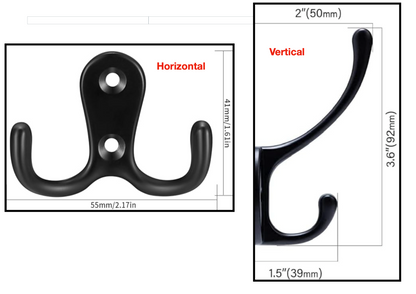 Comparativa de ganchos de metal negro en orientación horizontal y vertical con medidas, para elegir en el perchero personalizable