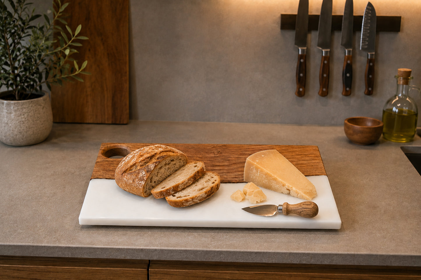 Tabla de madera de roble y resina epoxi blanca con pan artesanal y queso, sobre encimera de cocina