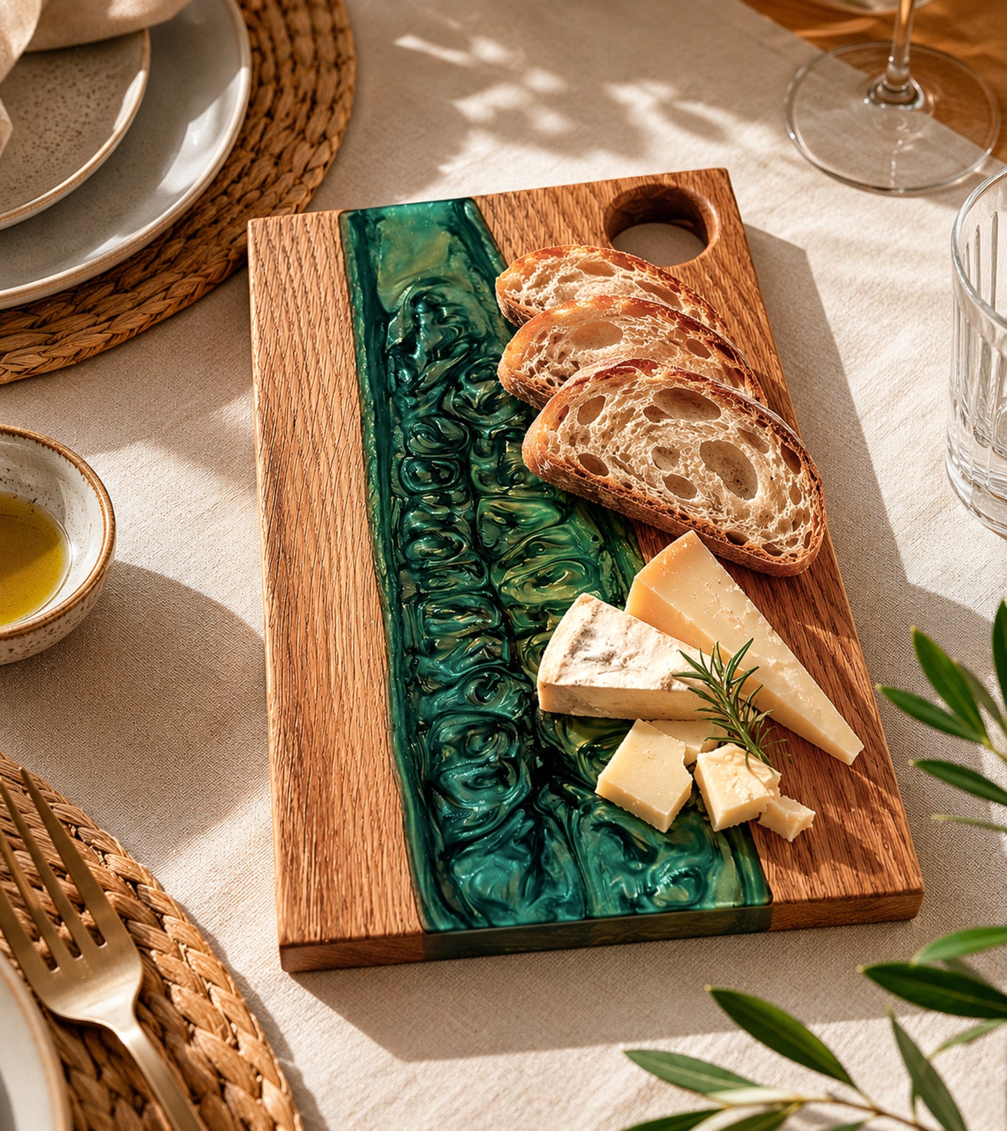 Tabla de Charcutería de Roble y Resina Epoxi Verde – Tabla Artesanal para Quesos y Pan