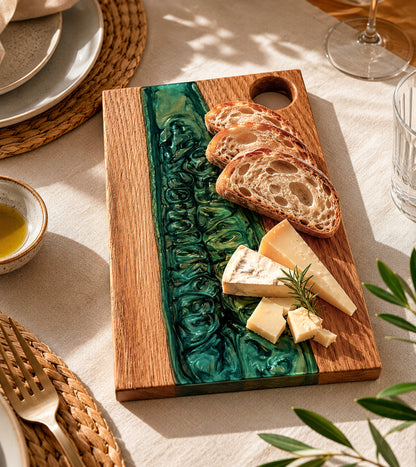 Tabla de Charcutería de Roble y Resina Epoxi Verde – Tabla Artesanal para Quesos y Pan