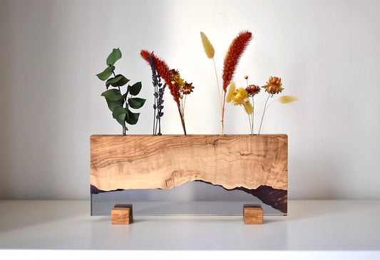 Wooden Dried Flowers Vase, Olive Wood & Epoxy Resin Dried Flower Pot, Bud Vase, Neutral Boho Decor, New Home Gifts, Unique Housewarming Gift