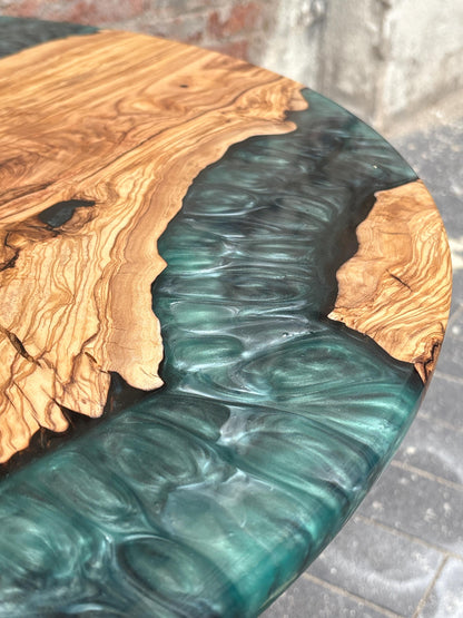 Mesa de Centro Redonda en Madera de Olivo Centenaria y Resina Epoxi