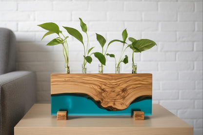 Handmade Olive Wood Propagation Station, Epoxy Resin Plant Stand