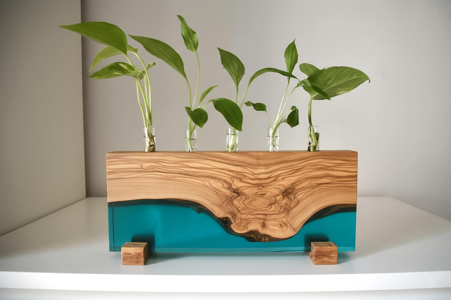 Handmade Olive Wood Propagation Station, Epoxy Resin Plant Stand