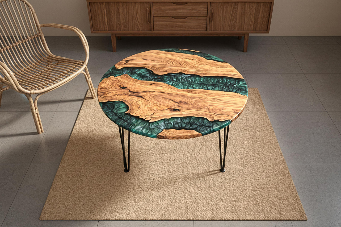 Mesa de Centro Redonda en Madera de Olivo Centenaria y Resina Epoxi
