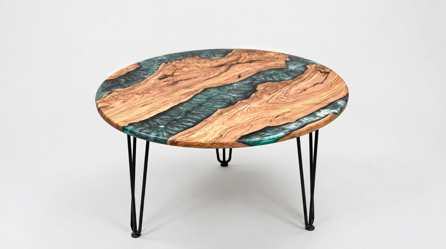 Mesa de Centro Redonda en Madera de Olivo Centenaria y Resina Epoxi