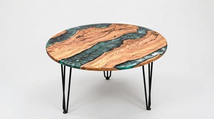 Mesa de Centro Redonda en Madera de Olivo Centenaria y Resina Epoxi