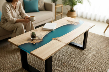 Mesa de Centro Rectangular en Madera de Álamo y Resina Epoxi Azul Mate Traslúcida