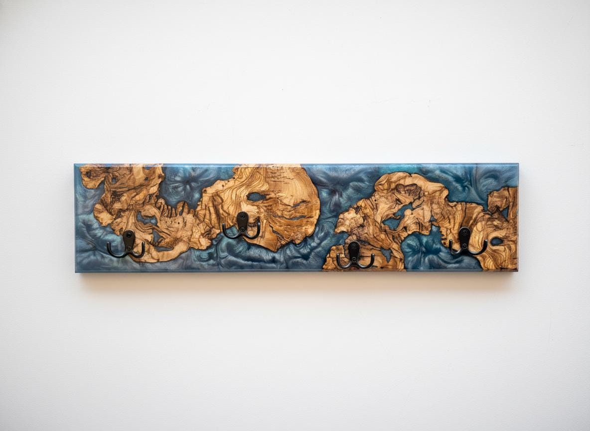 Perchero de madera de olivo con resina epoxy azul instalado en pared