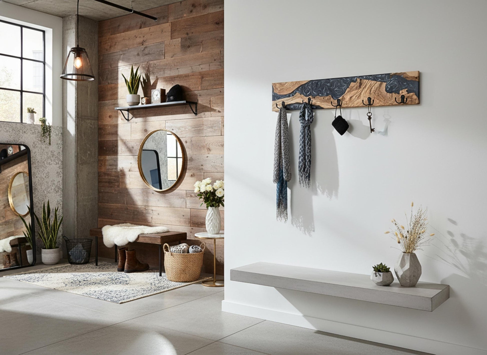 Perchero de madera de olivo en salon moderno, decoración funcional