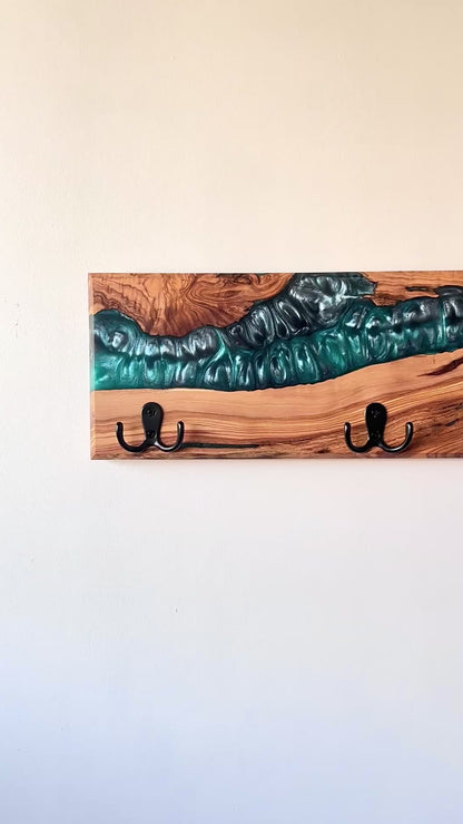 Olive Wood and Epoxy Resin Wall Coat Rack | Custom-Made | Unique Handcrafted Design