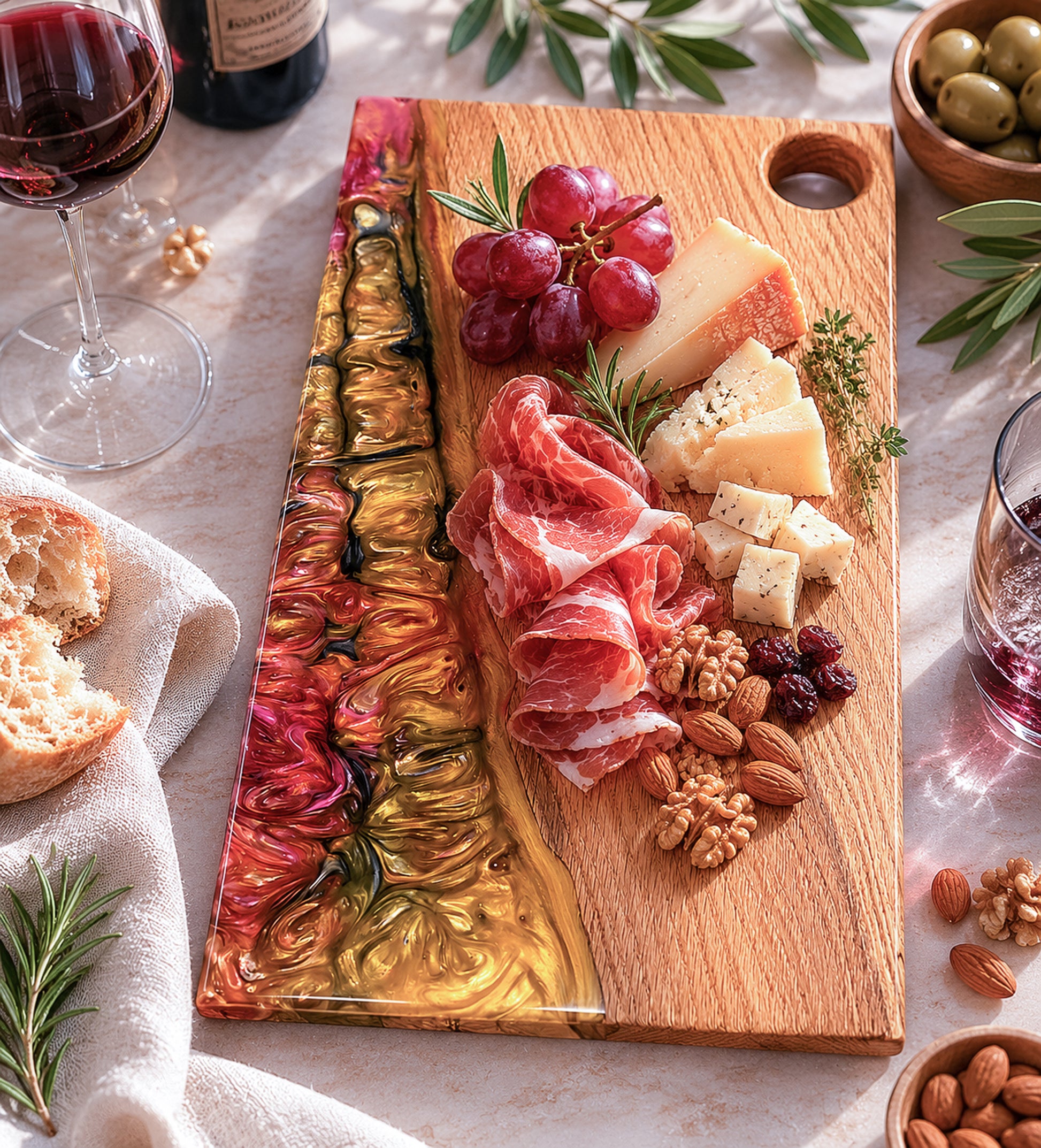 Tabla de charcutería artesanal de roble y resina epoxi con quesos, embutidos, frutos secos y uvas.